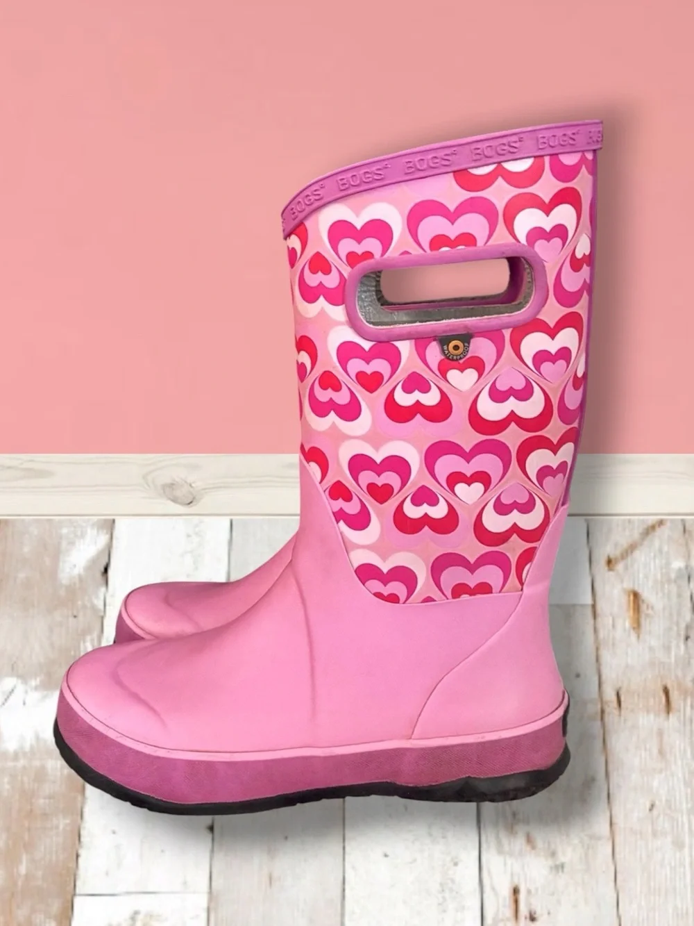 Bogs Girls Rain Boots Waterproof Pink Heart Size 3 VGUC ☔️